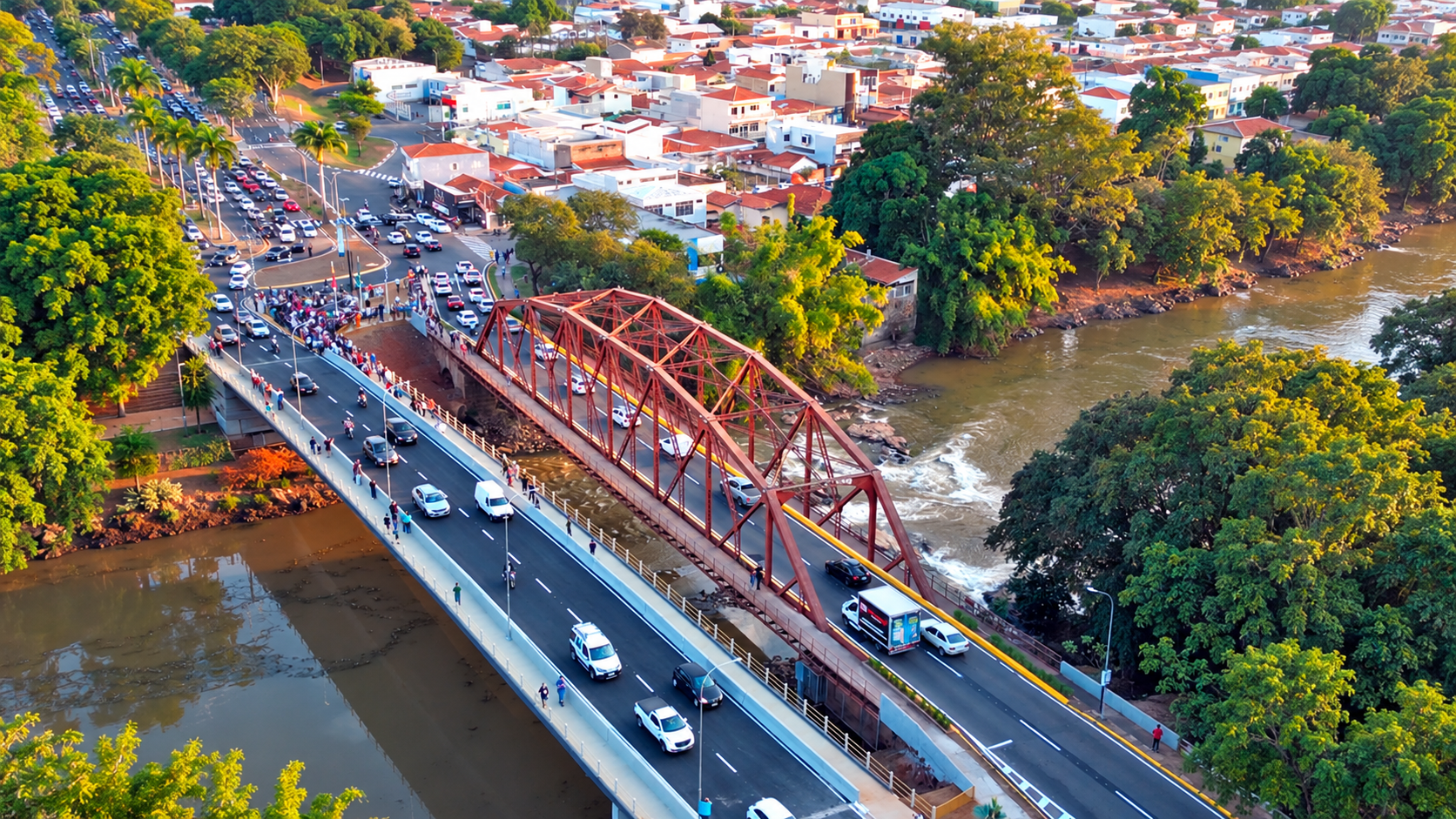 Vista aérea da ponte e do centro de Mogi Guaçu, usada na matéria sobre documentos e e-Título