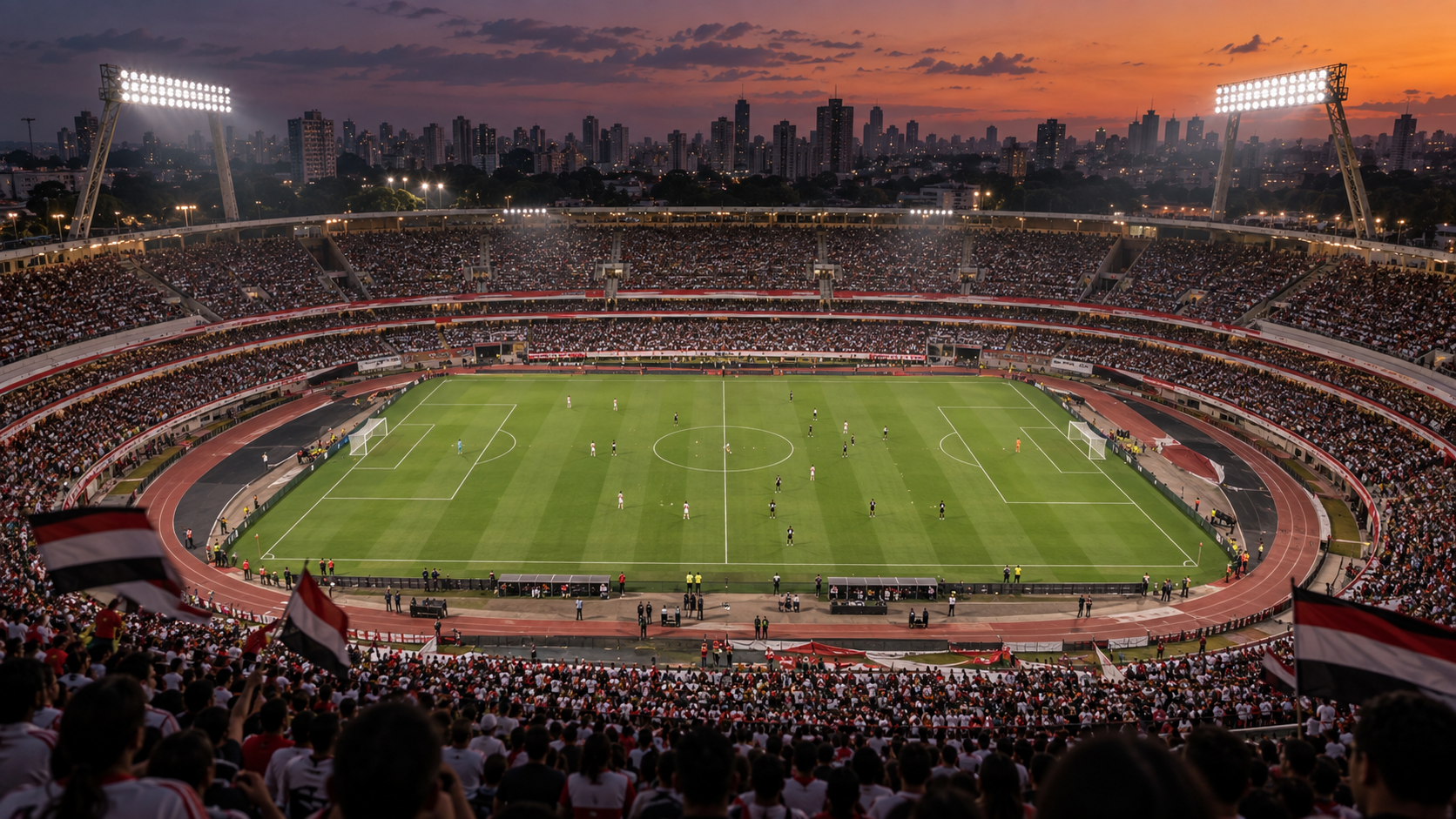 Arte editorial em visão aérea do MorumBIS, com as equipes de São Paulo e Corinthians em campo na final do Brasileirão Feminino 2026