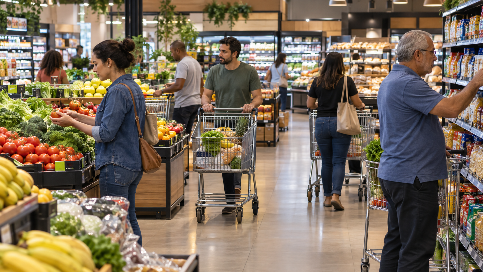 Ilustração editorial de consumidores em supermercado